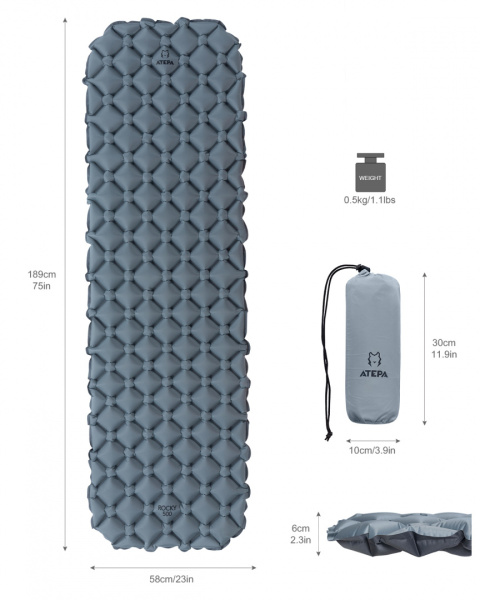 Купить Atepa 1008 mattress коврик надувной (св. серый, 189х58х6 см) 5 750 ₽ Atepa 1008 mattress коврик надувной (св. серый, 189х58х6 см)