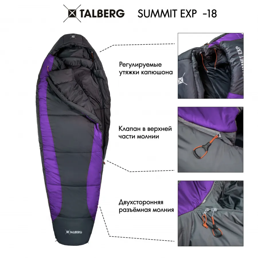 SUMMIT EXP -18°C спальный мешок (-18С, серый/фиолетовый правый)